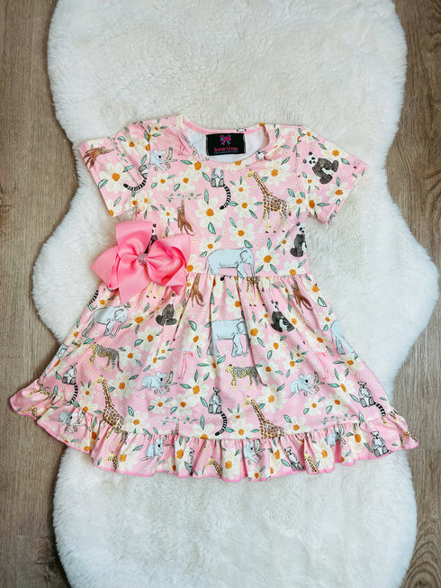 Girls Zoo Floral Animal Dress with Matching Bow - Bowtism
